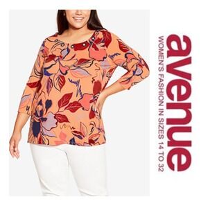 Avenue  Bloom Time Floral Elodie Eyelet Stretch Knit 3/4 Sleeve Tunic Top 30/32
